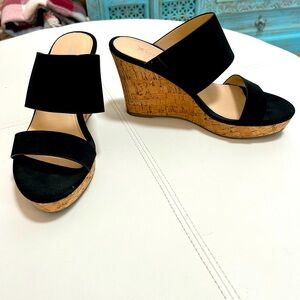 Black Suede Wedge Sandals with Cork Heel